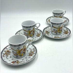 GNA Porcelain Demitasse Set: Music Notes & Instruments on Espresso Cups/Saucers